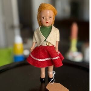 Vintage Composition Doll with Red Felt Skirt – 1940s Style with Cracking Patina
